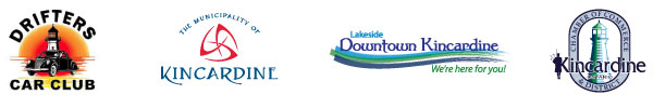 Event host logos for Drifters Car Club, the Municipality of Kincardine, Lakeside Downtown Kincardine BIA, and the Kincardine and District Chamber of Commerce.