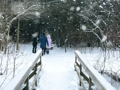 Three people enjoy a trail in the winter.