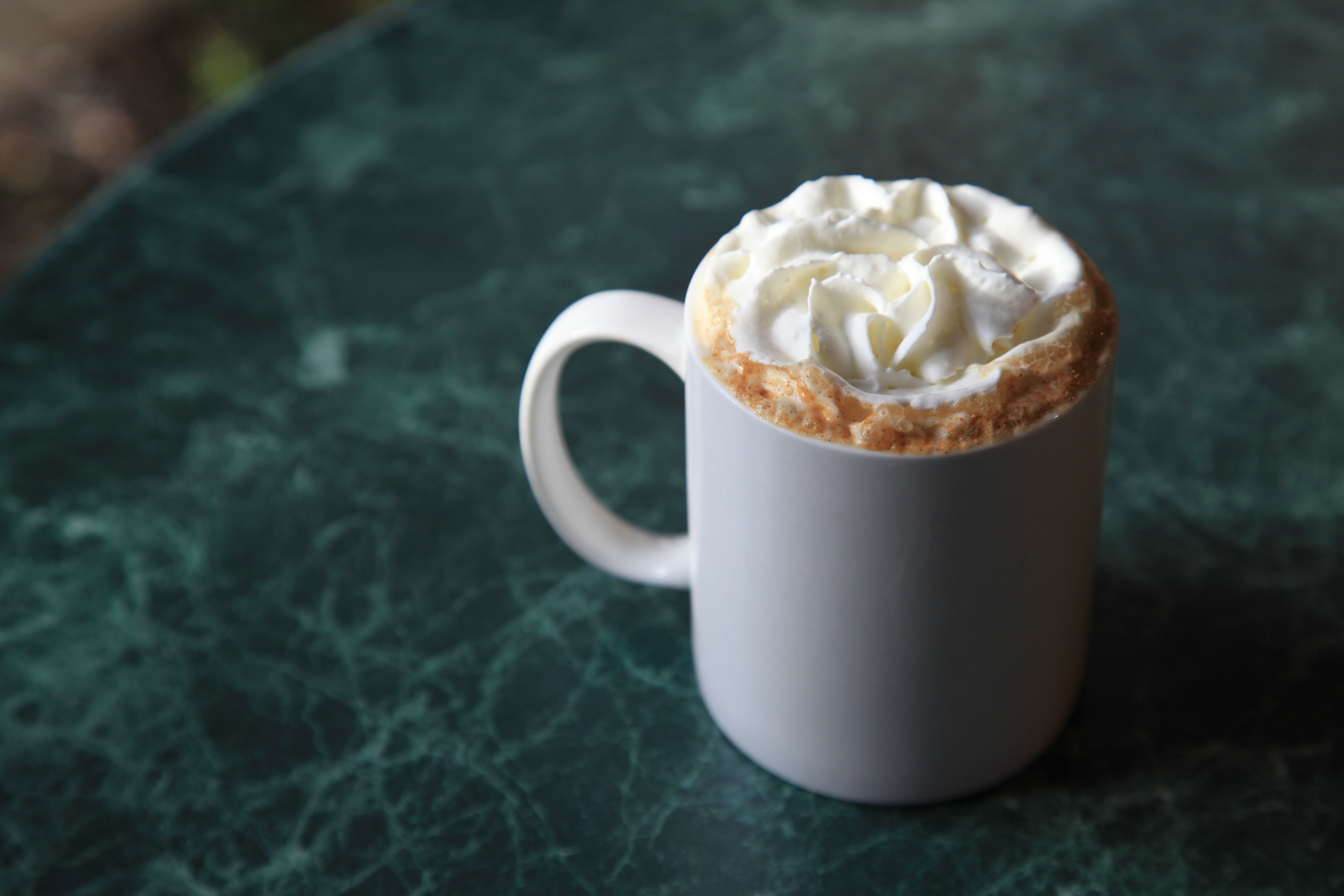 hot chocolate in a white mug with whipped topping